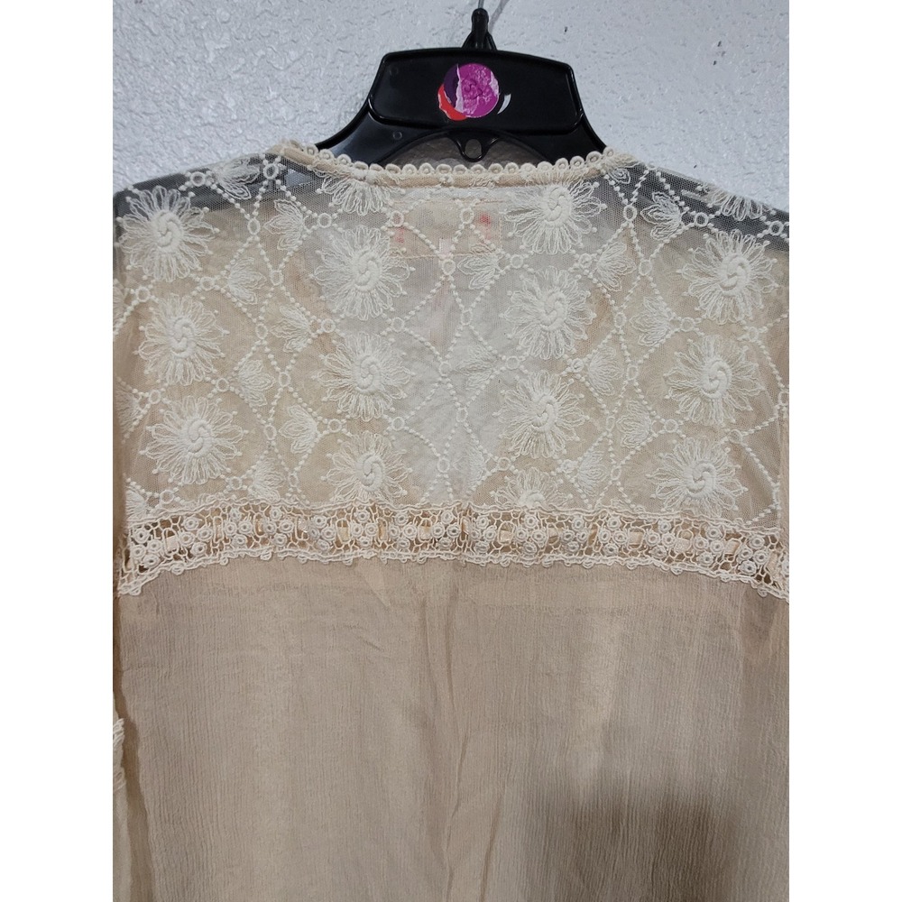 Free People Vintage Cream Silk Lace M Boho Blouse Sheer Ribbon V-Neck Top #22 - Picture 6 of 9